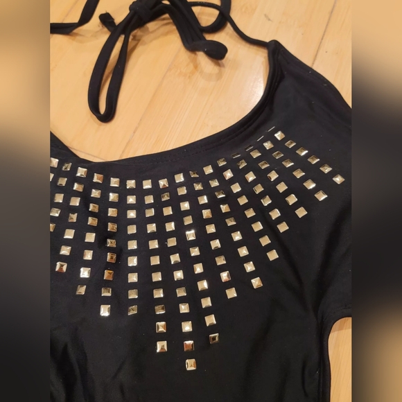 Punk Bongo black gold studded stud Monokini swim suit string tie bikini S - Picture 4 of 6